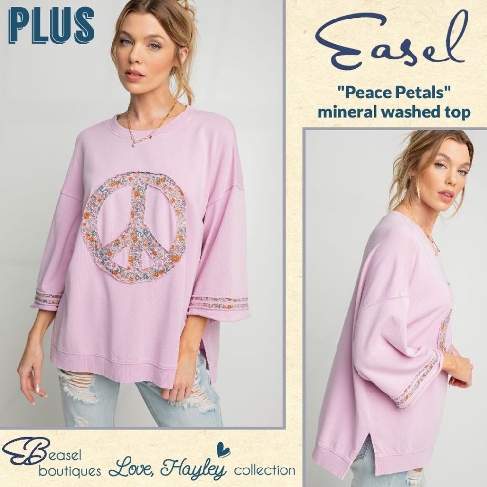 EASEL "Peace Petals" Mineral Washed Cotton Side Slits Peace Sign Patch Raw Seams